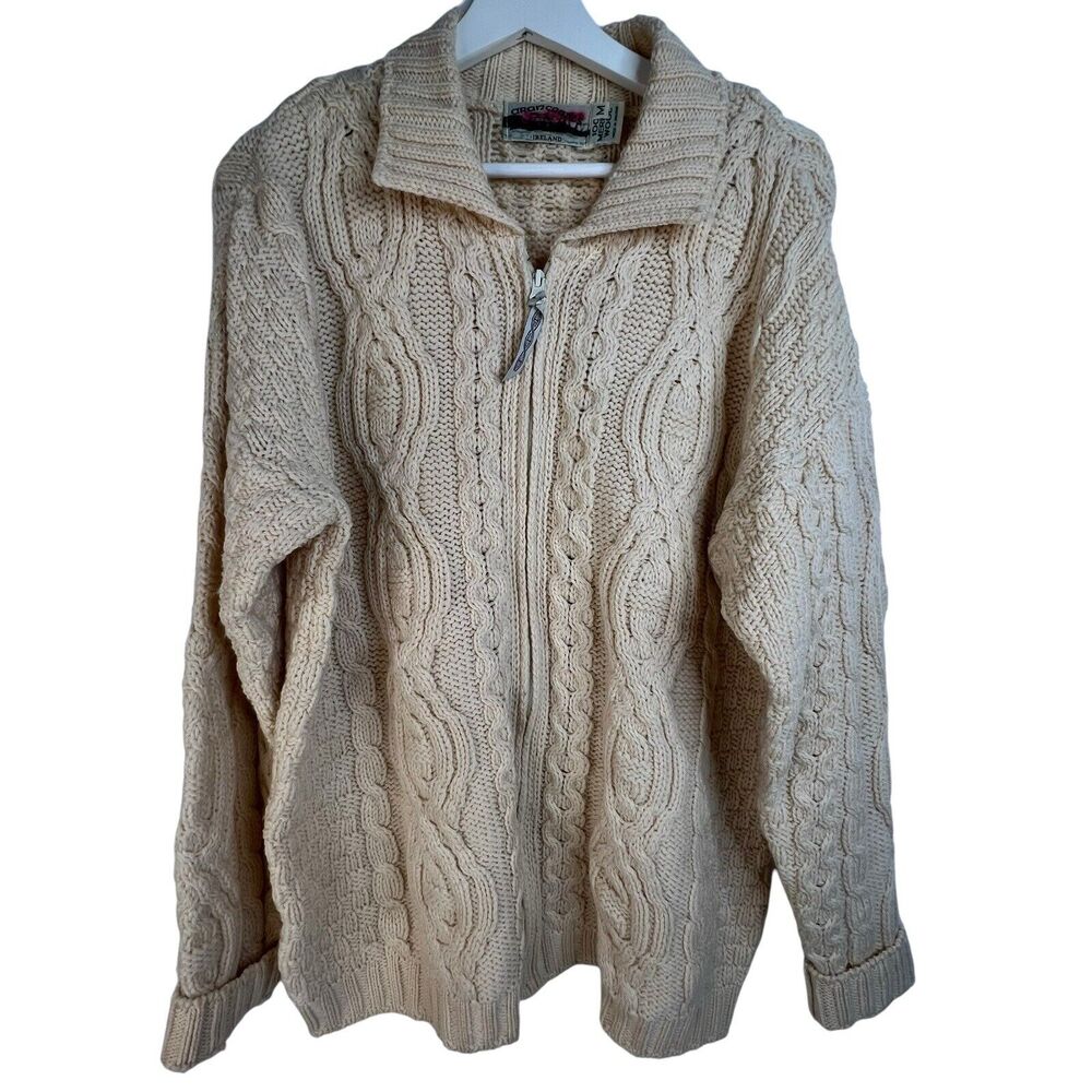 Aran Crafts Size M Full Zip Cardigan Sweater Ireland Fisherman Cable Knit Cream